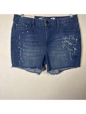 NWT 777 Paint Splatter Jean Shorts Womens 12 Cutoff Denim Raw Hem Blue